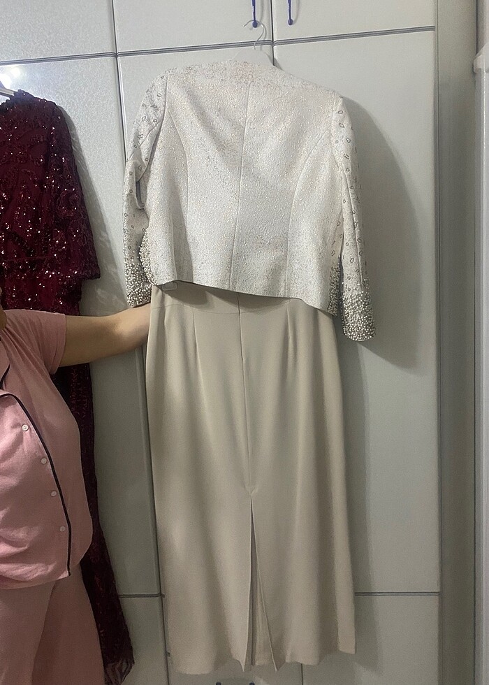 İncili krem etek bluz ceket takım tesettüre uygun - Görsel 5