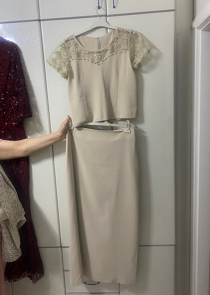 İncili krem etek bluz ceket takım tesettüre uygun - Görsel 4