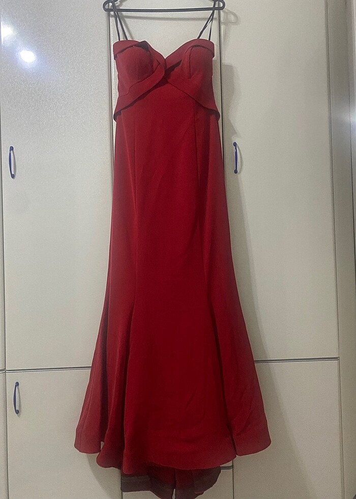 Kırmızı straplez likralı balık uzun elbise - Görsel 4