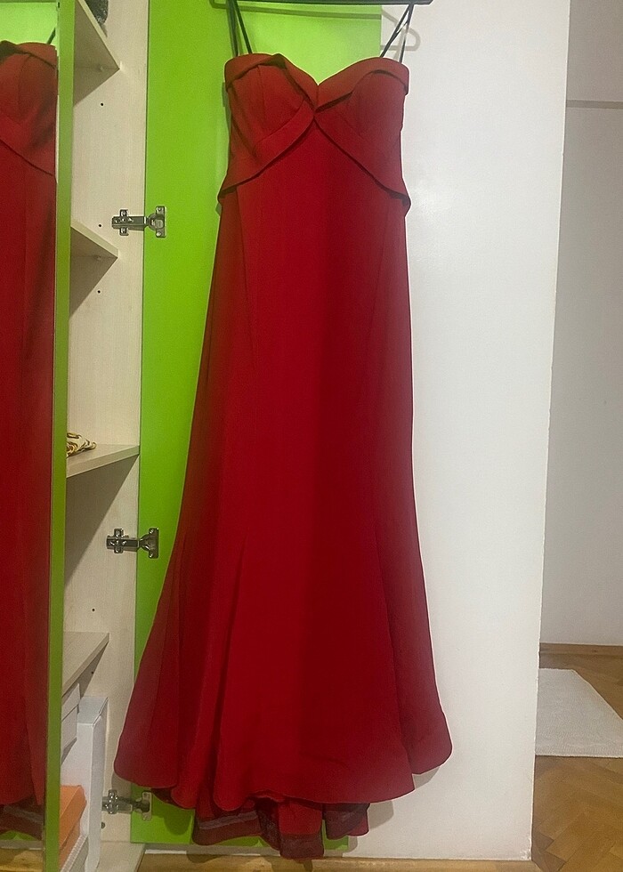 Kırmızı straplez likralı balık uzun elbise - Görsel 5