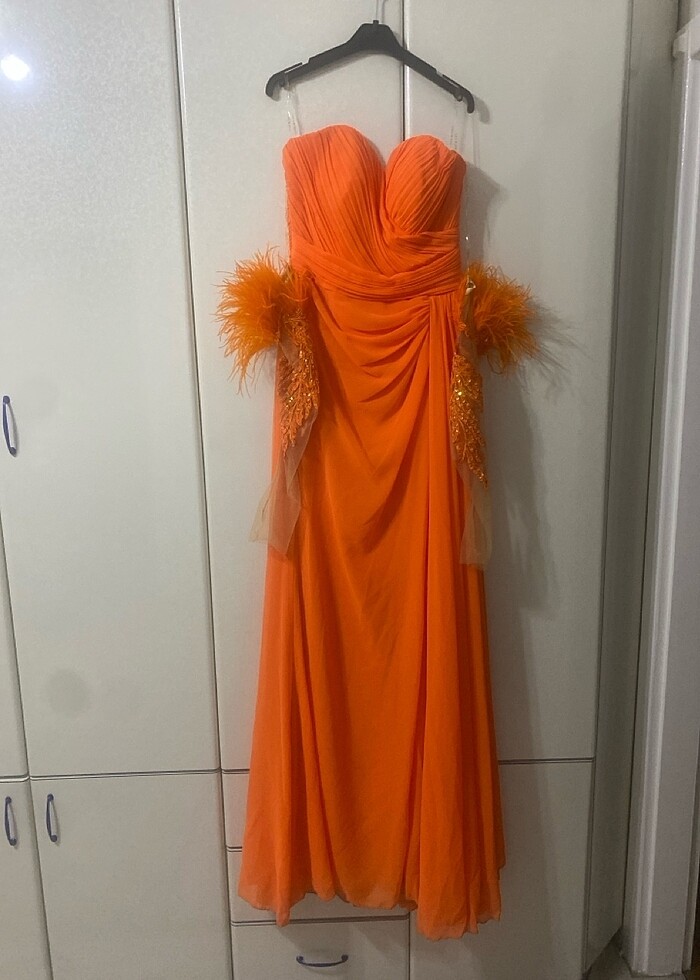 ÖMÜR İNN marka Otrişli işleme kol straplez yırtmaçlı elbise - Görsel 2