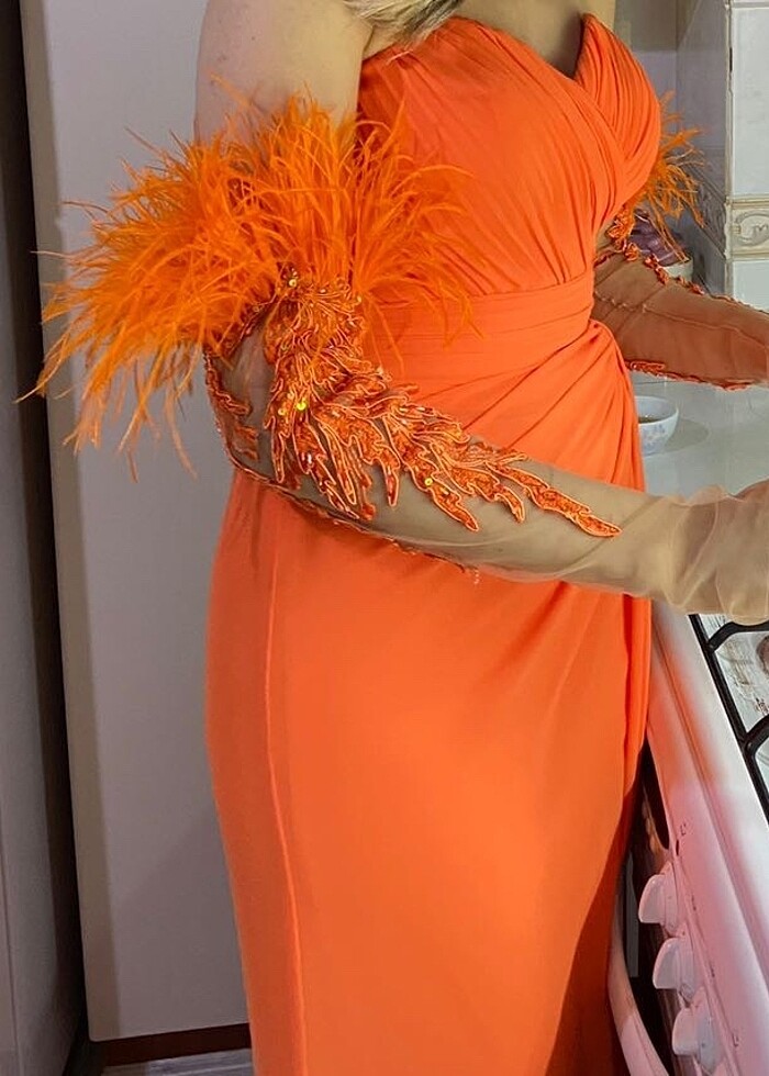 ÖMÜR İNN marka Otrişli işleme kol straplez yırtmaçlı elbise - Görsel 4