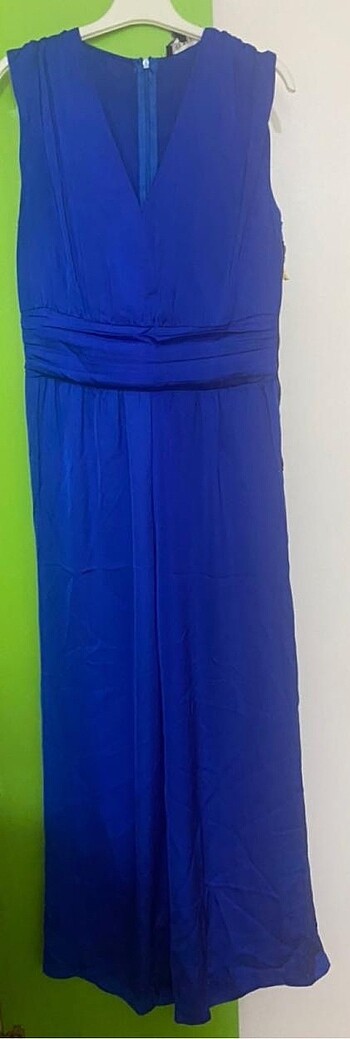 Saks mavisi saten fermuar detaylı tulum - Görsel 5