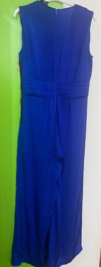 Saks mavisi saten fermuar detaylı tulum - Görsel 6