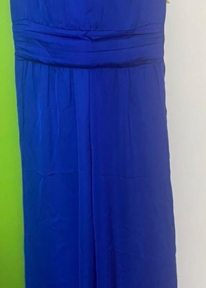 Saks mavisi saten fermuar detaylı tulum - Görsel 5