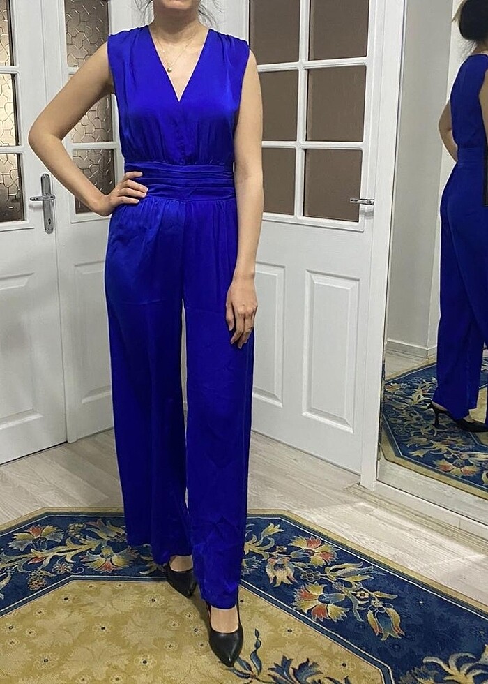 Saks mavisi saten fermuar detaylı tulum - Görsel 2