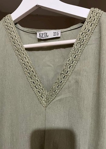 Nakışlı Kemerli V Yaka Keten Uzun Elbise - Görsel 2