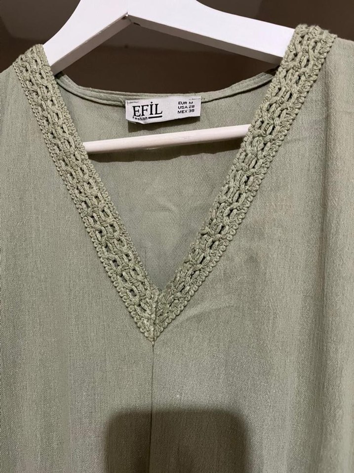 Nakışlı Kemerli V Yaka Keten Uzun Elbise - Görsel 2