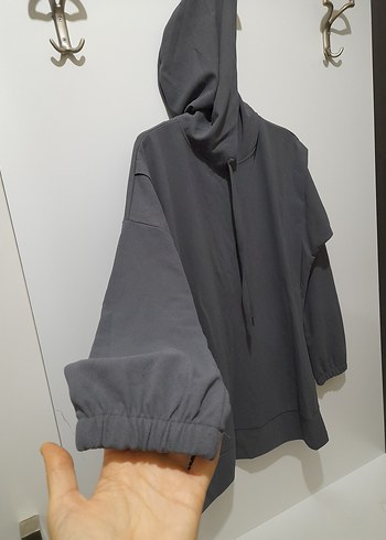 diğer Beden gri Renk krep kumaş kapşonlu tunik