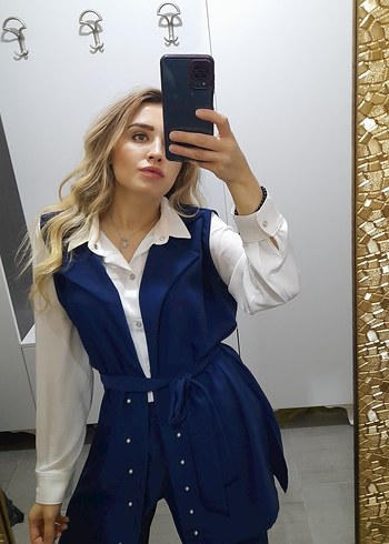diğer Beden Düğmeli Mavi Uzun Kadın Takım