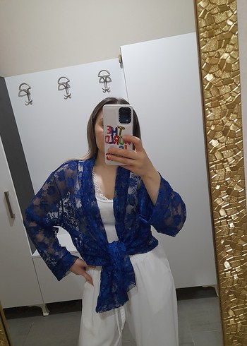 Mavi Transparan Uzun Kollu Mini Kadın Kimono - Görsel 3