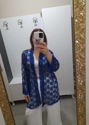 Mavi Transparan Uzun Kollu Mini Kadın Kimono - Görsel 4