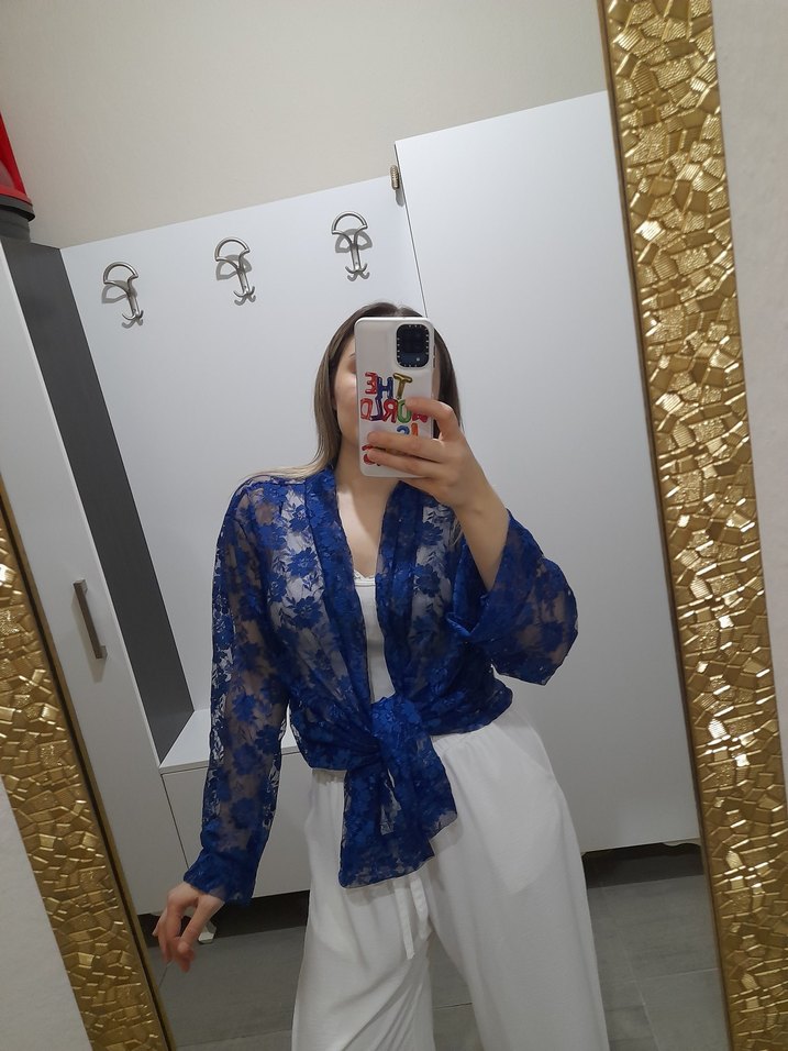 Mavi Transparan Uzun Kollu Mini Kadın Kimono - Görsel 2