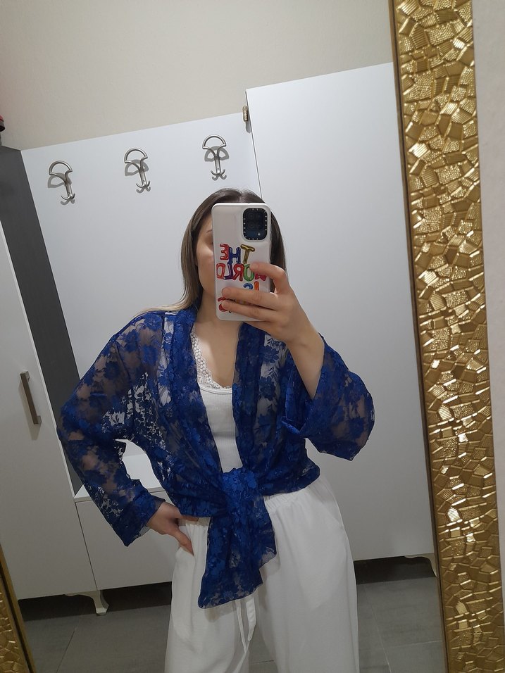 Mavi Transparan Uzun Kollu Mini Kadın Kimono - Görsel 3
