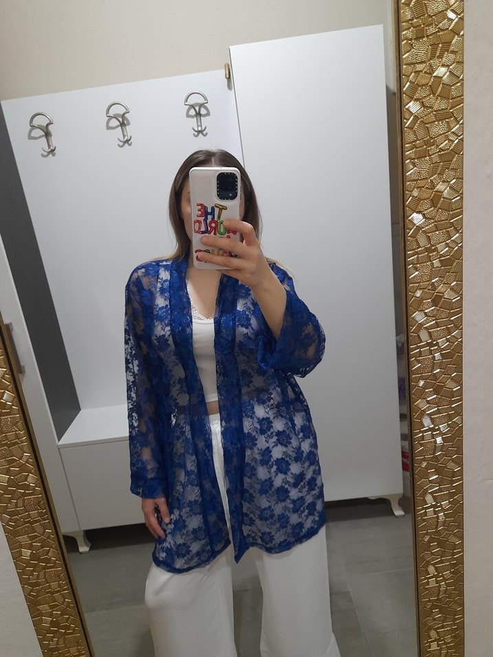 Mavi Transparan Uzun Kollu Mini Kadın Kimono - Görsel 4