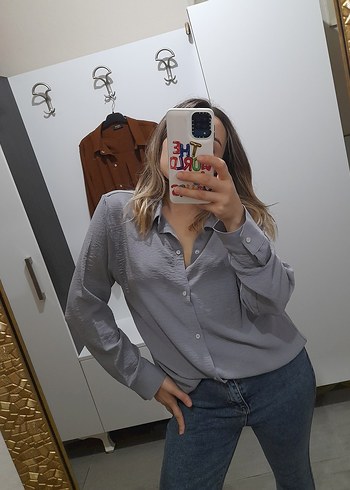 Gri Batik Desenli Uzun Kollu Kadın Gömlek - Görsel 3