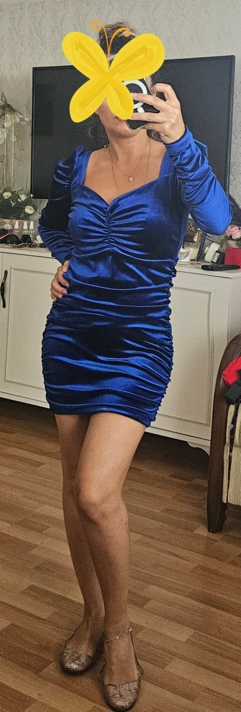 Mavi Drapeli V Yaka Mini Elbise Kadife hic giyilmedi. - Görsel 3