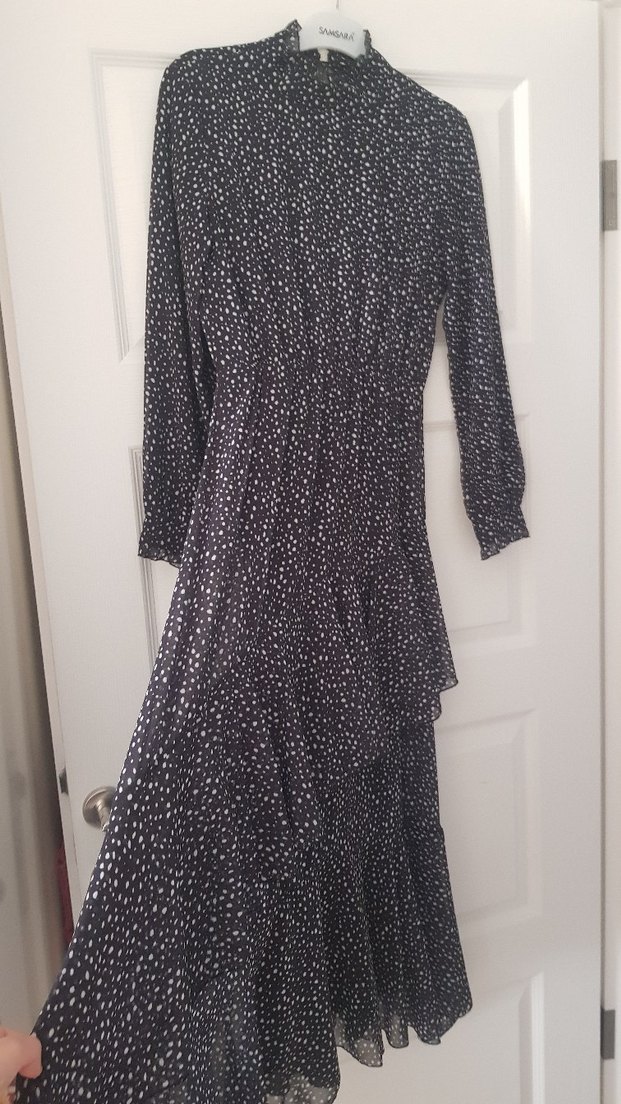 Kemerli Siyah Beyaz Midi Elbise - Görsel 4