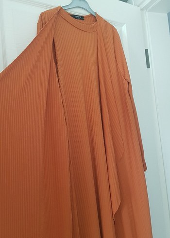 Uzun Kollu kiremit Pilili Kadın Elbise - Görsel 2