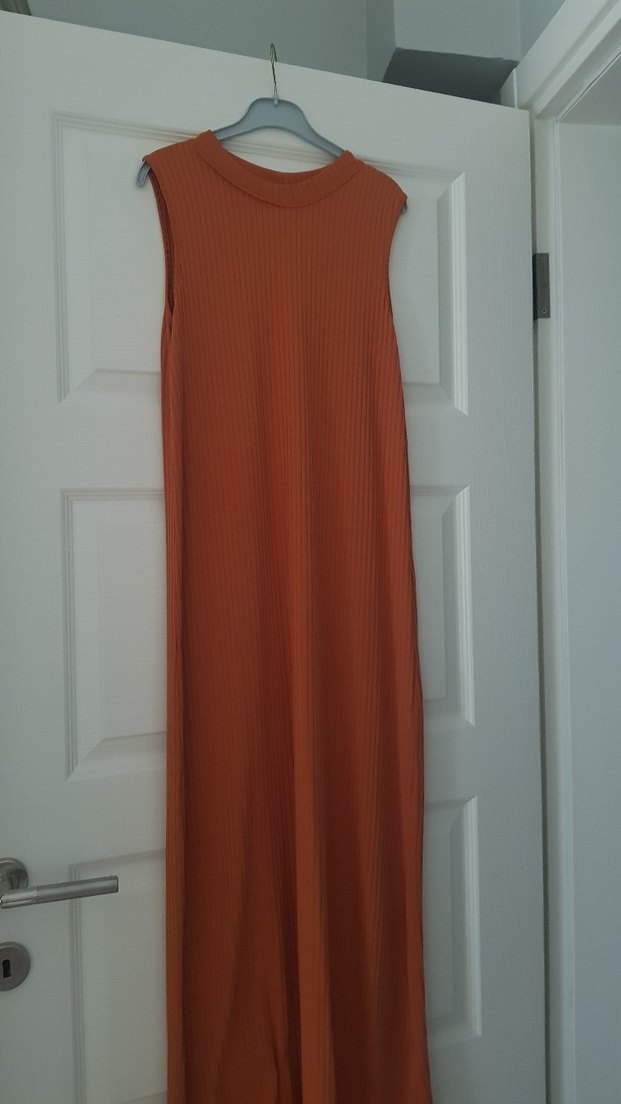 Uzun Kollu kiremit Pilili Kadın Elbise - Görsel 3