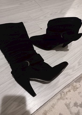 Siyah Süet Tokalı Dizüstü Stiletto Çizmeler - Görsel 6