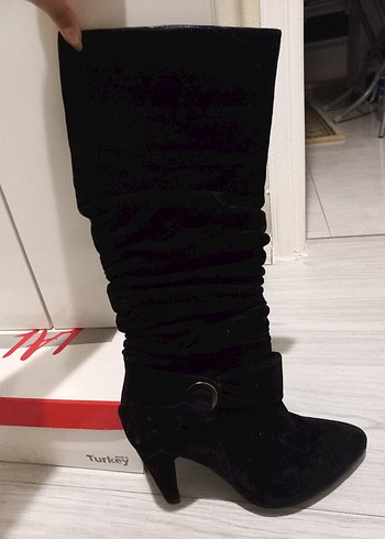 Siyah Süet Tokalı Dizüstü Stiletto Çizmeler - Görsel 5