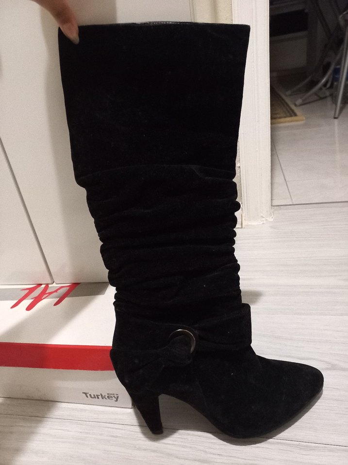 Siyah Süet Tokalı Dizüstü Stiletto Çizmeler - Görsel 5