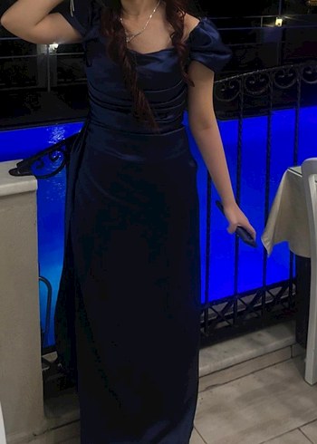 Lacivert Düşük Omuz Drapeli Abiye Elbise - Görsel 4