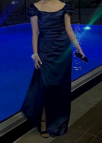 Lacivert Düşük Omuz Drapeli Abiye Elbise - Görsel 2