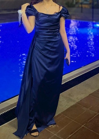 Lacivert Düşük Omuz Drapeli Abiye Elbise - Görsel 3