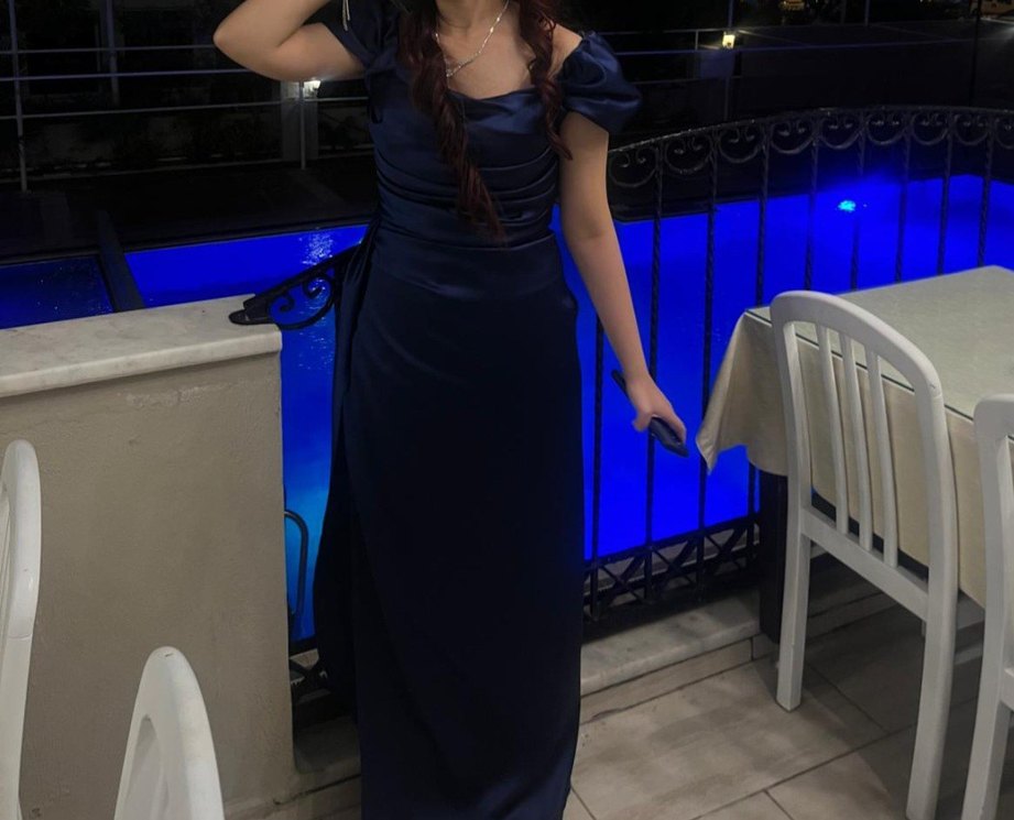 Lacivert Düşük Omuz Drapeli Abiye Elbise - Görsel 4