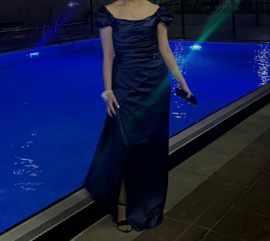 Lacivert Düşük Omuz Drapeli Abiye Elbise - Görsel 2