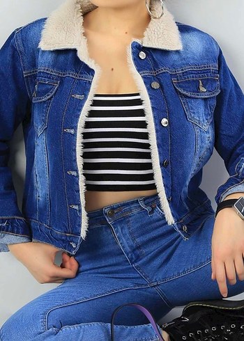 Kadın Mavi Kürklü Denim Ceket - Görsel 2