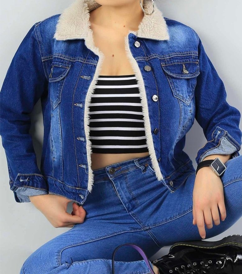 Kadın Mavi Kürklü Denim Ceket - Görsel 2