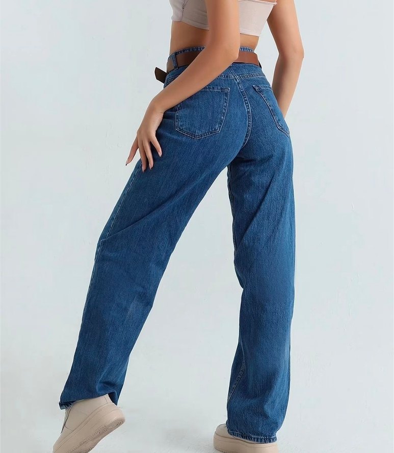 Gri Kemerli Geniş Kesim Mavi Kot Pantolon - Görsel 2