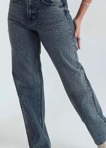 Kadın Gri Payetli Loose Fit Denim Pantolon