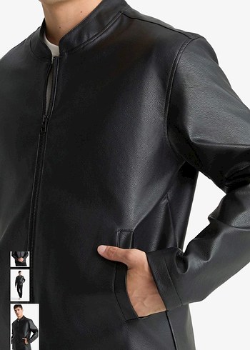 Siyah Slim Fit Fermuarlı Deri Mont - Görsel 3