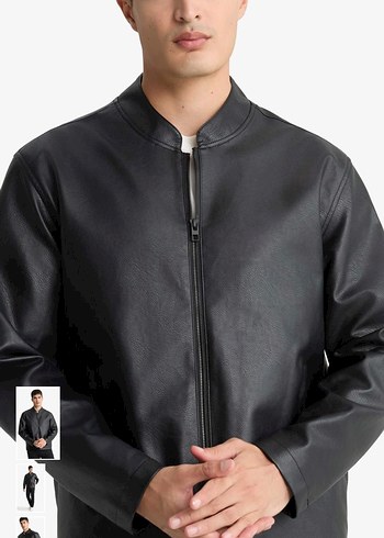 Siyah Slim Fit Fermuarlı Deri Mont - Görsel 2