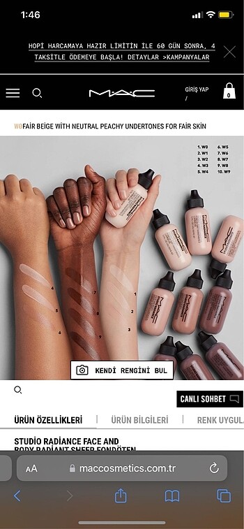 Beden Renk mac studio radiance face and body fondoten