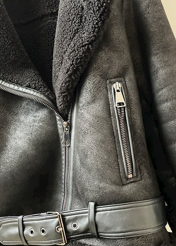 Kadın Siyah Deri Kürklü Stradivarius Biker Ceket - Görsel 2