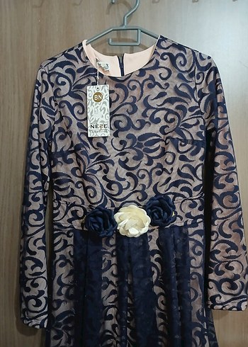 Dantel Detaylı Lacivert Uzun Kollu Kadın Abiye Elbise - Görsel 2