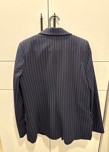 Düğmeli Lacivert Çizgili Kadın Blazer Ceket - Görsel 3