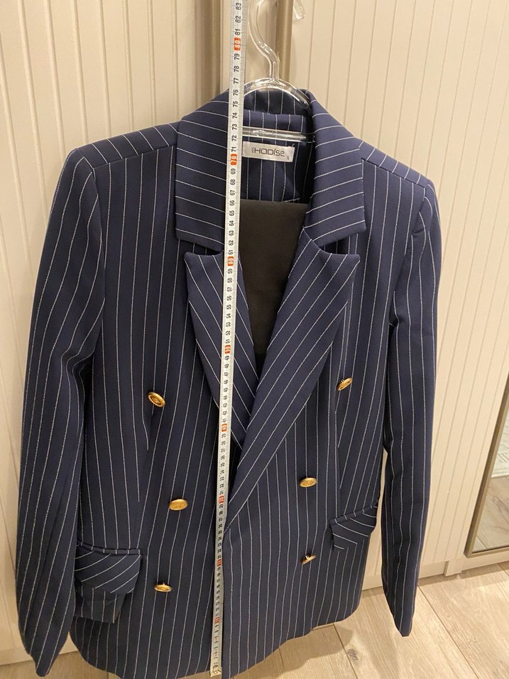 Düğmeli Lacivert Çizgili Kadın Blazer Ceket - Görsel 5