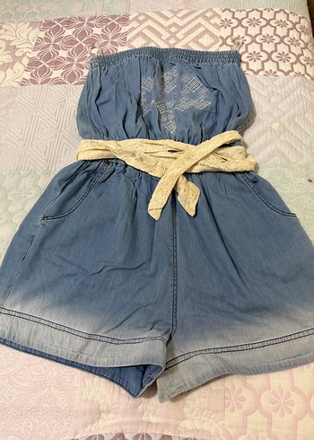 Kadın Mavi Denim Straplez Mini Tulum - Görsel 3