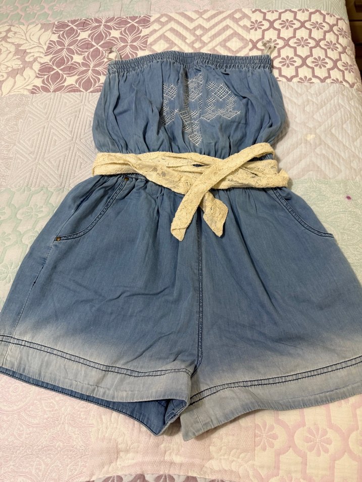 Kadın Mavi Denim Straplez Mini Tulum - Görsel 3