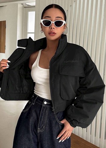 Sheinside Siyah Yüksek Yakalı Kadın Bomber Ceket