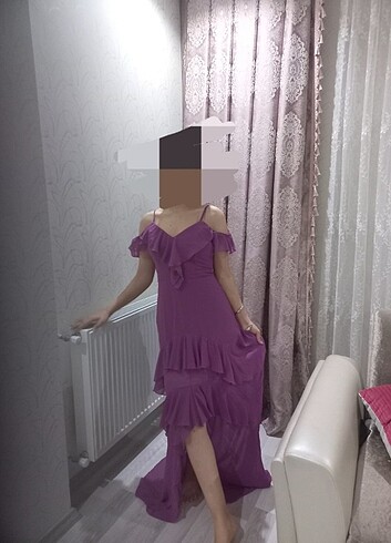 m Beden mor Renk Önü yırtmaçlı mor şifon elbise