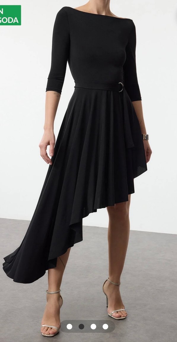 Siyah Uzun Drapel kayık Yaka asimetrik Kadın Elbise - Görsel 2