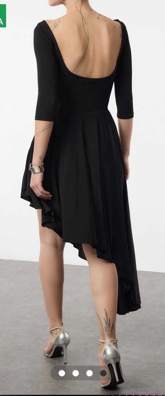 Siyah Uzun Drapel kayık Yaka asimetrik Kadın Elbise - Görsel 3