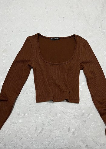 Kahverengi Uzun Kollu Kare Yaka Crop Bluz - Görsel 3